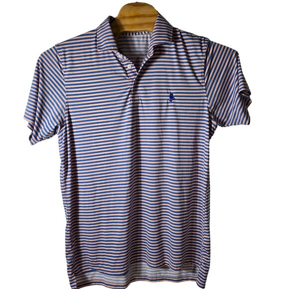 Draddy Sport Performance Polo Shirt Large Men's Short Sleeve Blue Pink Striped - Picture 2 of 4